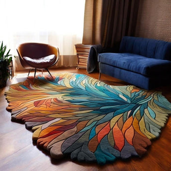 Handmade Irregular Shape Wool Area Rug - Unique Contemporary Botanical Design, Thick & Soft Carpet